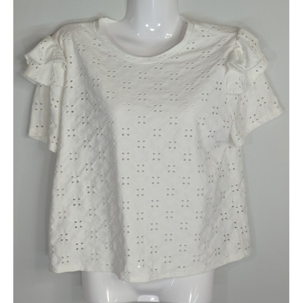 Zara White Blouse Embroidered‎ Eyelet Ruffled  Top Women's Small Coastal Boho